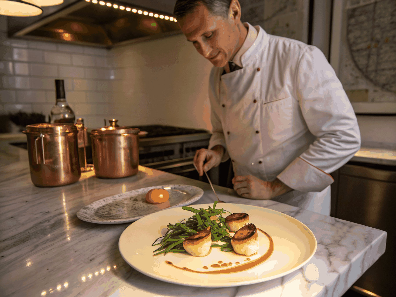 Chef plating a dish with caviar