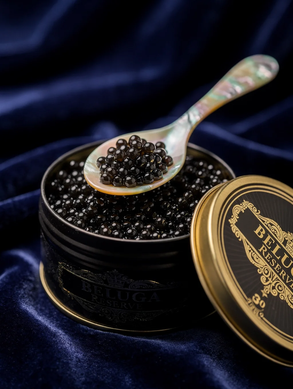 Premium caviar tins presented in a boutique retail display